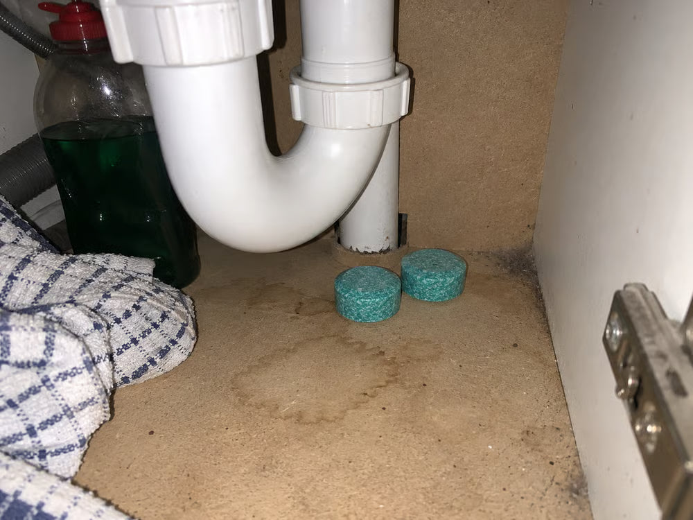 Kulka MintGuard pod zlewem kuchennym obok rury odpływowej