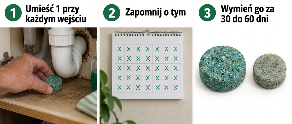 MintGuard w 3 krokach: połóż 1 przy każdym wejściu, zapomnij, wymień po 30–60 dniach